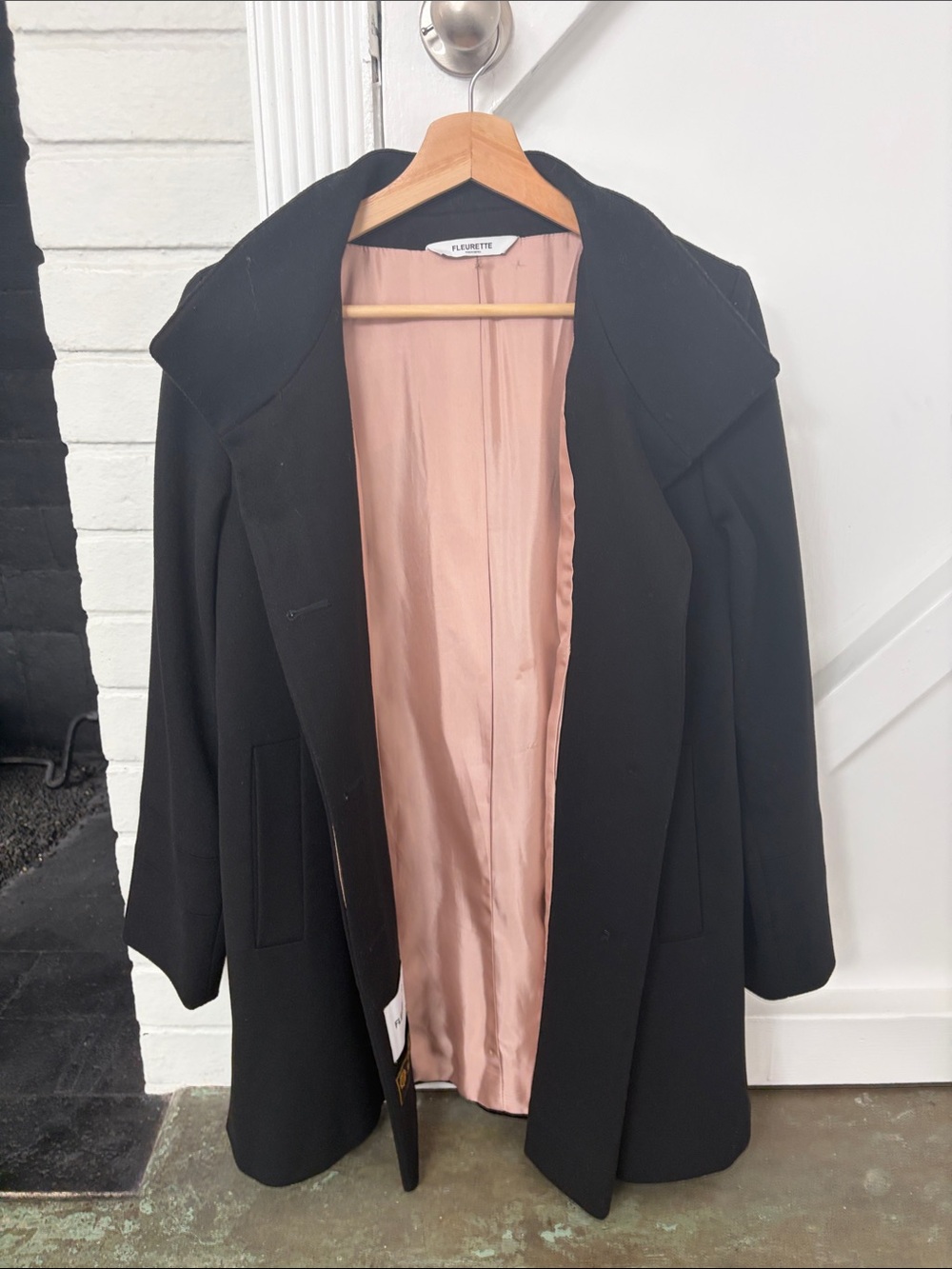 Fleurette Women's Black Wool Coat with Blush Pink Lining